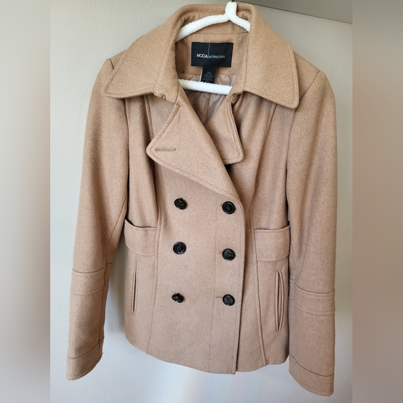 Moda International Wool Lined Camel Pea Coat - Picture 1 of 7